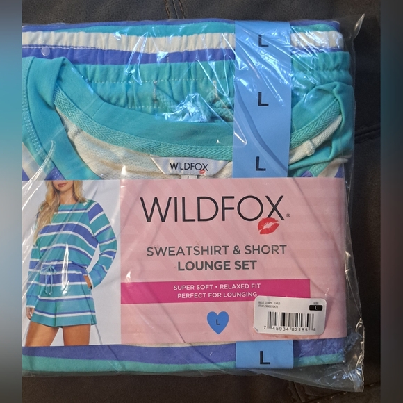 New WILDFOX Two Piece Set Top Shorts Green Blue Stripe Loungewear XL & L Pajamas - Picture 7 of 8